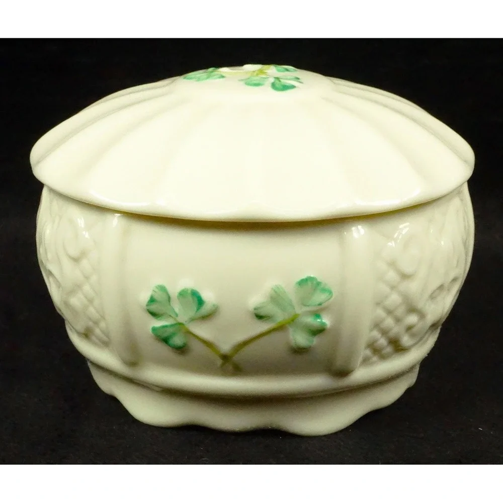 Irish Belleek Pottery Nadine Trinket Box with Lid 9th Blue Mark Signed Vtg 1990s